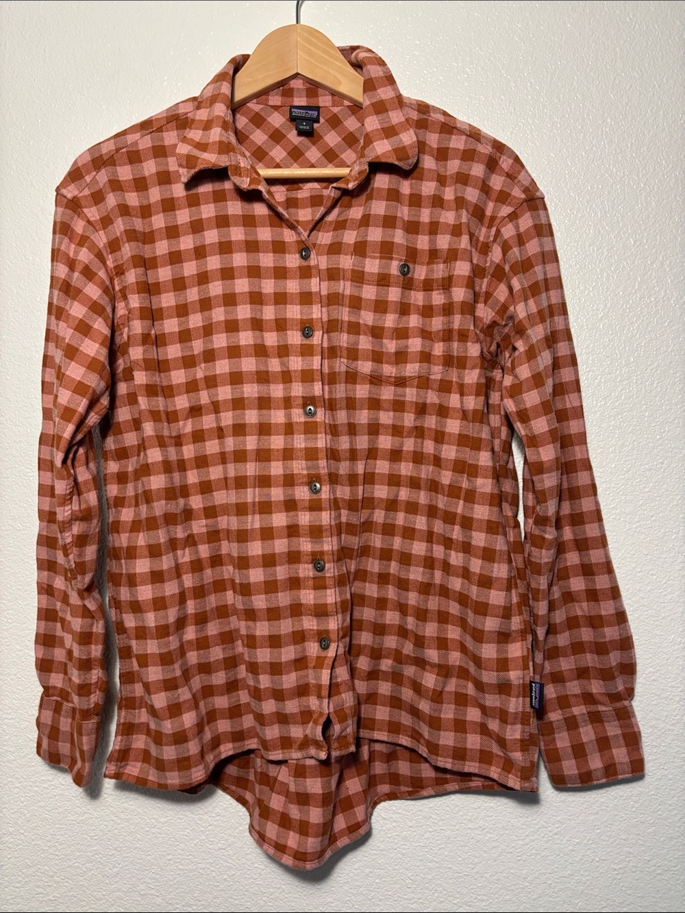 Patagonia Driving Song Flannel Shirt Size Small Pink Brown Checkered Gorpcore